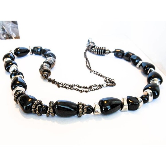 Vintage Black Nugget Necklace Lucite Beads 32-38 Inch Victorian Style - Picture 3 of 6